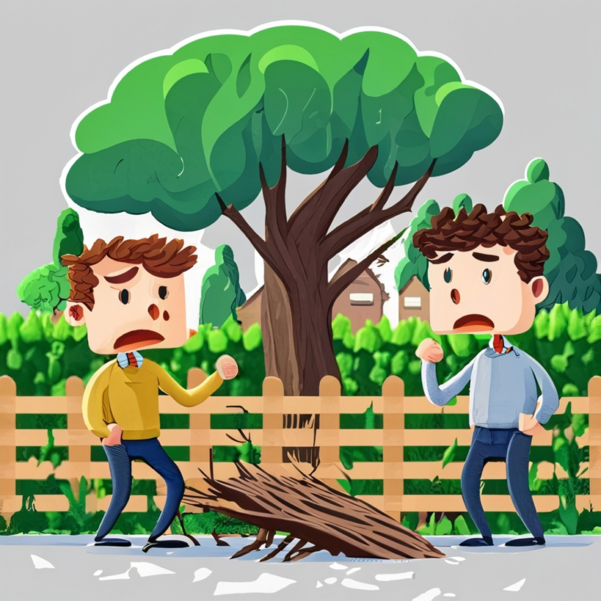 two men fighting about property lines and trees. The tree has fallen over a fence that is separating their yards. you can see the broken tree in the front, the damaged fence under the fallen tree and the homes in the background. the men look frustrated